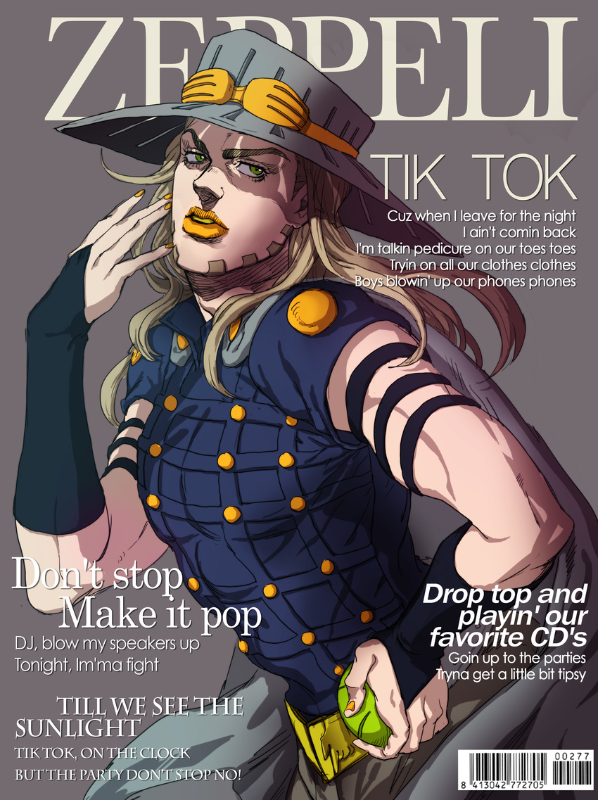 absurdres ball beard cape cover facial_hair fake_cover grey_hair gyro_zeppeli hat highres jojo_no_kimyou_na_bouken lipstick long_hair magazine_cover makeup male_focus nail_polish sgyqanna solo steel_ball_run