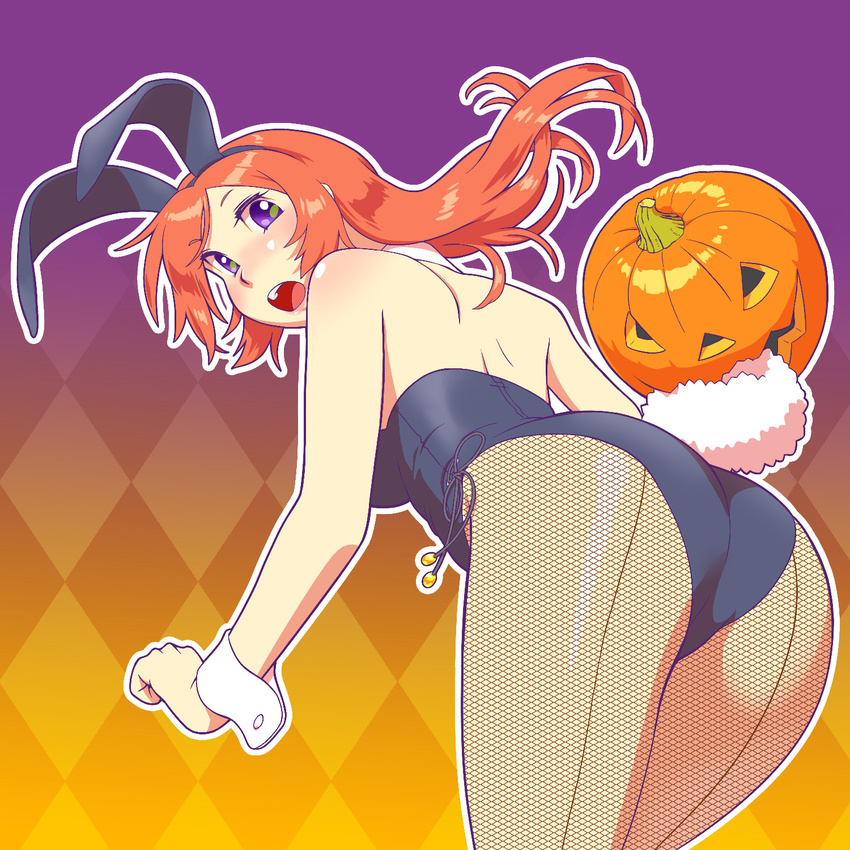 animal_ears argyle argyle_background ass bow bowtie bunny_ears bunny_tail bunnysuit detached_collar fishnet_pantyhose fishnets floating_hair fukusuke_hachi-gou gradient gradient_background halloween highres jack-o'-lantern leaning_forward long_hair open_mouth original outline pantyhose pumpkin purple_eyes red_hair solo tail wrist_cuffs