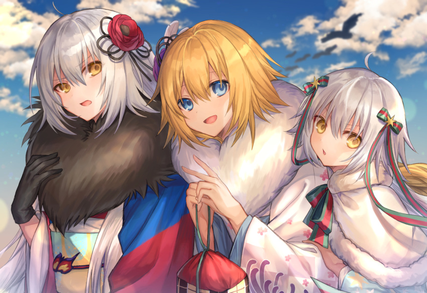 .com_(cu_105) 3girls :d :o ahoge bangs black_ribbon blonde_hair blue_eyes blue_sky blurry blurry_background capelet chestnut_mouth cloud cloudy_sky commentary_request day depth_of_field eyebrows_visible_through_hair fate/grand_order fate_(series) floral_print flower fur-trimmed_capelet fur_collar fur_trim green_ribbon hair_between_eyes hair_flower hair_ornament hair_ribbon hands_up head_tilt holding japanese_clothes jeanne_d'arc_(alter)_(fate) jeanne_d'arc_(fate) jeanne_d'arc_(fate)_(all) jeanne_d'arc_alter_santa_lily kimono long_hair looking_at_viewer multiple_girls open_mouth outdoors parted_lips red_flower ribbon short_hair side-by-side sidelocks silver_hair sky smile star star_hair_ornament white_capelet yellow_eyes