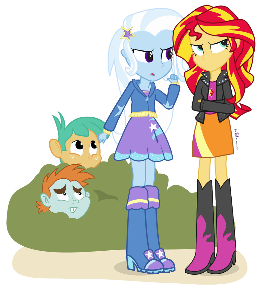 boots bush dm29 equestria_girls female group jacket male my_little_pony skirt snails_(eg) snips_(eg) sunset_shimmer_(eg) trixie_(eg)