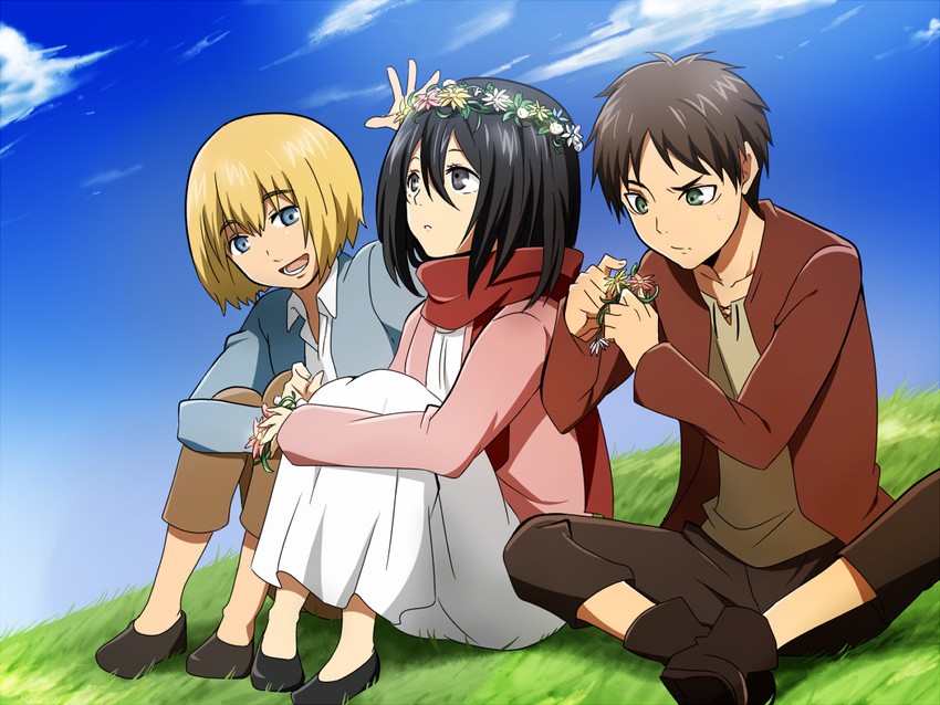 2boys :d arm_up armin_arlert bangs black_eyes black_footwear black_hair blonde_hair blue_jacket blue_sky brown_pants casual cloud collarbone collared_shirt day dress eren_yeager eyebrows_visible_through_hair flower flower_wreath grass green_eyes hair_between_eyes head_wreath holding holding_flower indian_style jacket knees_up long_sleeves looking_up mikasa_ackerman multiple_boys no_socks on_grass open_mouth outdoors pants pink_jacket red_jacket red_scarf rumia_(compacthuman) scarf shingeki_no_kyojin shirt shoes short_hair sitting sky smile sweatdrop white_dress white_shirt wing_collar