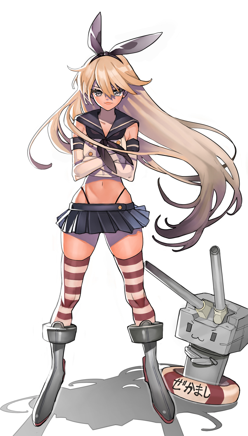 :3 arutera bad_id bad_pixiv_id banned_artist black_panties blonde_hair boots crossed_arms elbow_gloves gloves grey_eyes grey_footwear groin gunbuster_pose hair_ornament hairband highres innertube kantai_collection knees long_hair looking_at_viewer midriff miniskirt navel panties pleated_skirt rensouhou-chan sailor_collar shadow shimakaze_(kantai_collection) skirt striped striped_legwear thighhighs toned turret underwear v-shaped_eyebrows white_background white_gloves wind