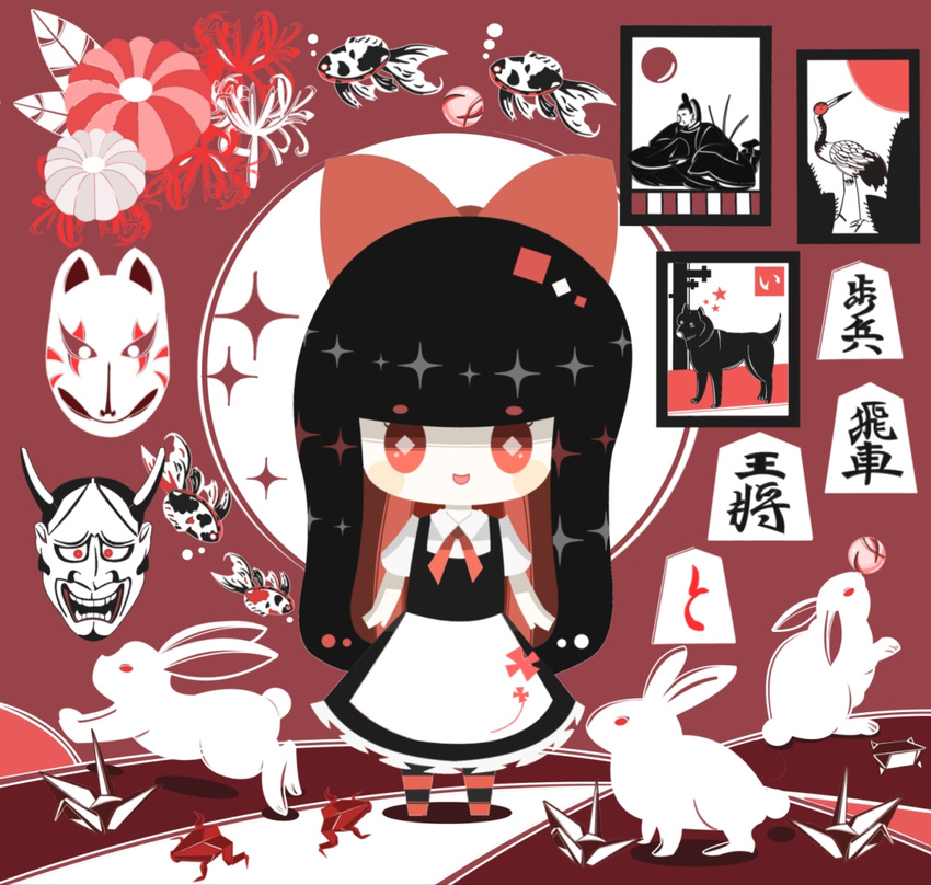 animal bad_id bad_pixiv_id black_hair blush bow bunny fish flower long_hair mask open_mouth origami original portrait_(object) red_eyes remedei smile