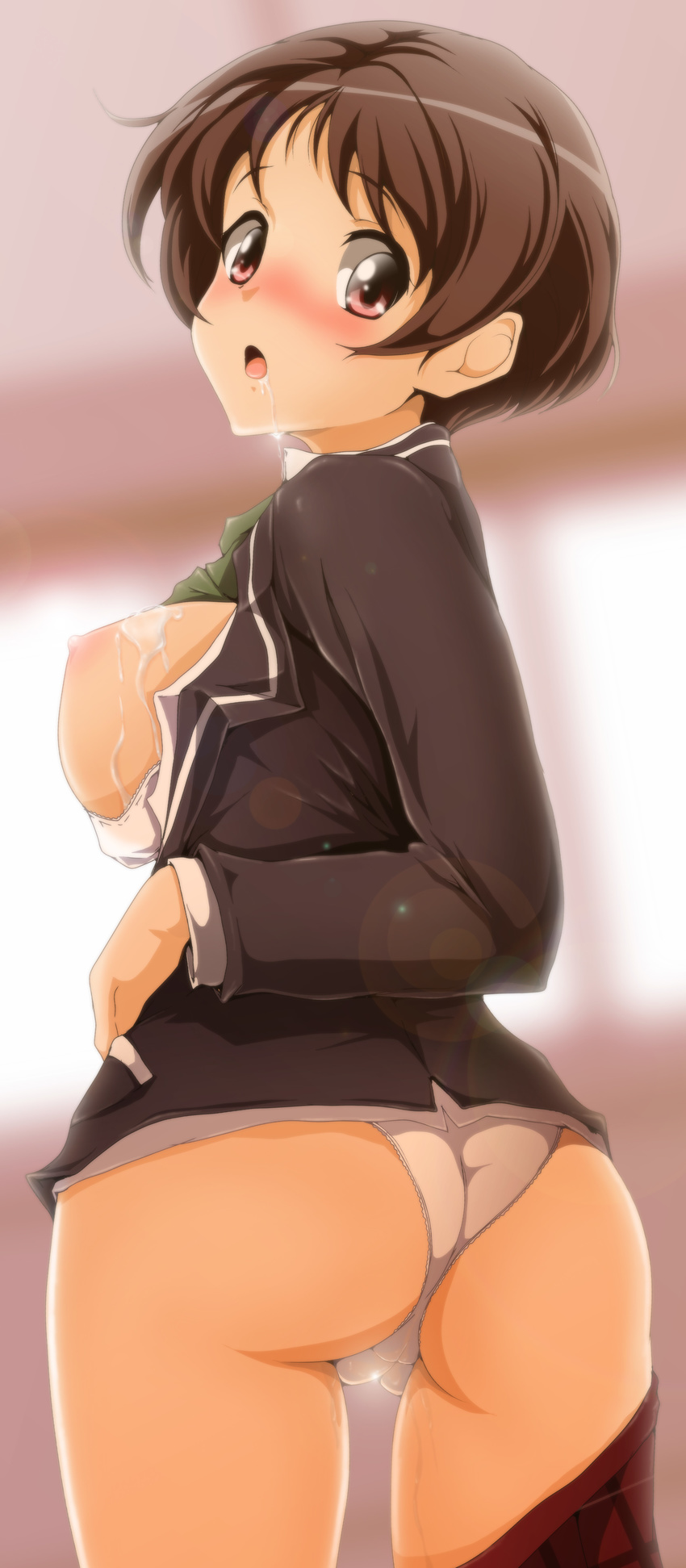 absurdres ass blush bra bra_pull breasts brown_hair chuunibyou_demo_koi_ga_shitai! cum cum_in_mouth cum_on_body cum_on_breasts cum_on_upper_body from_behind highres large_breasts lens_flare lingerie looking_at_viewer looking_back nanashi_noiji nipples open_clothes open_mouth panties pussy_juice red_eyes school_uniform shirt_lift short_hair solo tsuyuri_kumin underwear white_bra white_panties