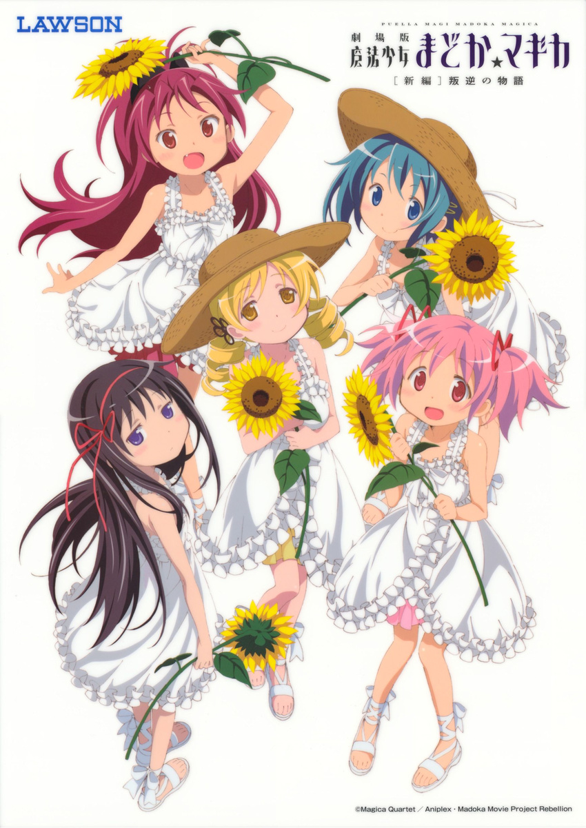 :d absurdres akemi_homura artist_request bare_shoulders black_hair blonde_hair blue_eyes blue_hair blush bow copyright_name dress drill_hair fang flower frilled_dress frills hair_bow hair_ornament hat highres kaname_madoka lawson long_hair looking_at_viewer mahou_shoujo_madoka_magica mahou_shoujo_madoka_magica_movie matching_outfit miki_sayaka multiple_girls official_art open_mouth pink_eyes pink_hair ponytail purple_eyes red_eyes red_hair sakura_kyouko sandals scan shoes smile sun_hat sundress sunflower tomoe_mami twintails white_background white_dress white_footwear yellow_eyes