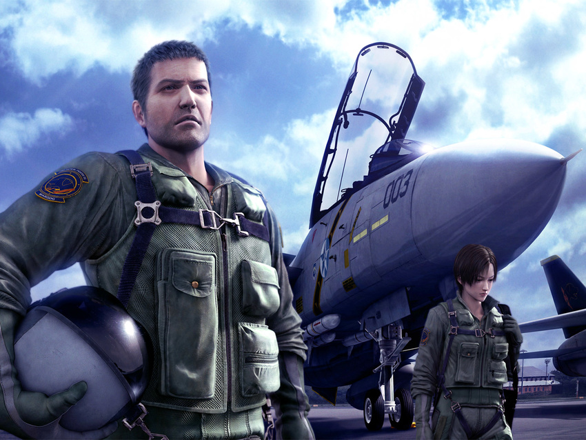 1girl 3d ace_combat ace_combat_5 aircraft airplane blue_sky cloud day f-14_tomcat fighter_jet headwear_removed helmet helmet_removed highres jack_bartlett jet kei_nagase military military_vehicle namco official_art pilot pilot_suit sky