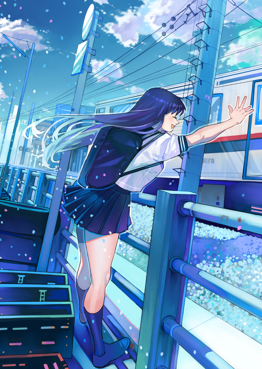 :d ^_^ ^o^ absurdres arutera backpack bad_id bad_pixiv_id bag bangs banned_artist black_legwear blue blue_hair blue_sky closed_eyes cloud confetti day gradient_hair ground_vehicle guard_rail happy highres kneehighs loafers long_hair multicolored_hair open_mouth original overhead_line pleated_skirt power_lines profile school_uniform serafuku shoes sign skirt sky smile standing tire train waving wind