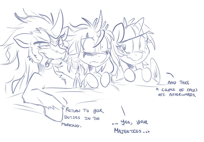 bed bluntwhiskey blush cigarette dialog embarrassed equine friendship_is_magic general_darkwing grin group hooves horn horse king_sombra_(mlp) my_little_pony pony smoke smug text threesome twilight_sparkle_(mlp) unicorn winged_unicorn wings