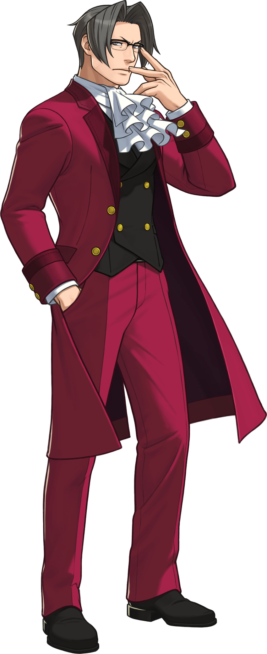 absurdres arm_up blazer buttons contrapposto cravat fingernails frown full_body fuse_takuro glasses grey_eyes grey_hair gyakuten_saiban gyakuten_saiban_5 hair_intakes hand_in_pocket highres jacket long_coat long_sleeves looking_at_viewer male_focus mitsurugi_reiji official_art open_clothes open_jacket pants serious solo standing transparent_background