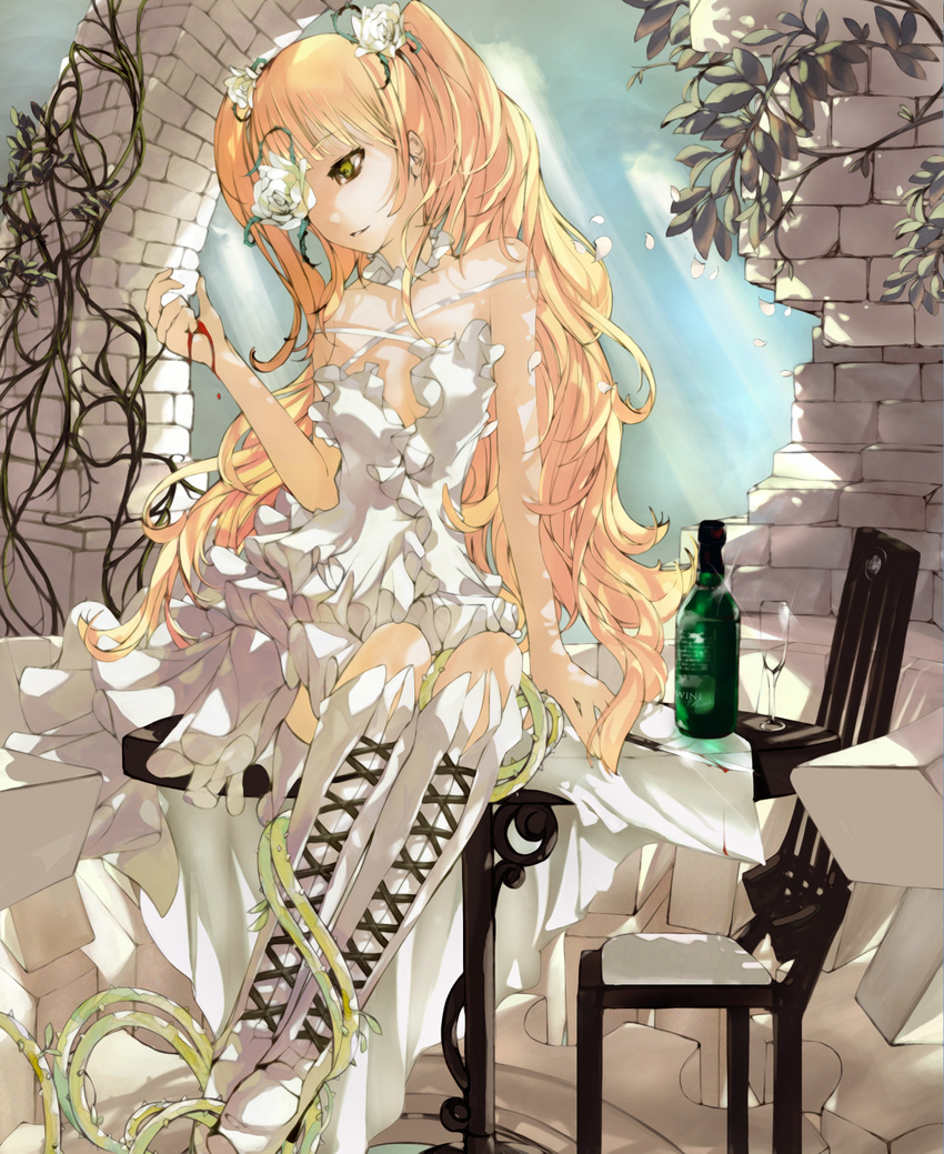 bare_arms bare_shoulders blonde_hair blood bloody_hands bloody_knife boots bottle chair cross-laced_footwear cup desk dress drinking_glass entangled eyepatch flower flower_eyepatch hair_flower hair_ornament highres kirakishou knee_boots knife lolita_fashion long_hair nyami on_desk overgrown plant rose rozen_maiden sitting sleeveless sleeveless_dress solo table twintails very_long_hair vines wall white_dress white_flower white_footwear white_rose wine_bottle wine_glass yellow_eyes
