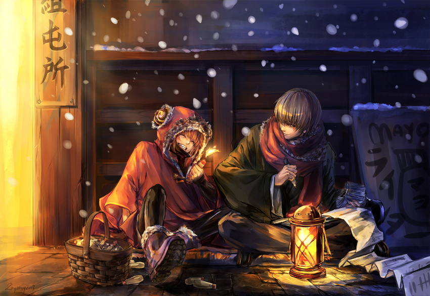 1girl artist_name basket boots brown_hair candle commentary_request cosplay crossed_legs dated fire flame gintama grin holding hood hooded_jacket jacket kagura_(gintama) lantern little_match_girl looking_at_another marker matchgirl matchgirl_(cosplay) mattress night okita_sougo orange_hair outdoors pants paper scarf short_hair sign sitting smile snow snowing zzyzzyy