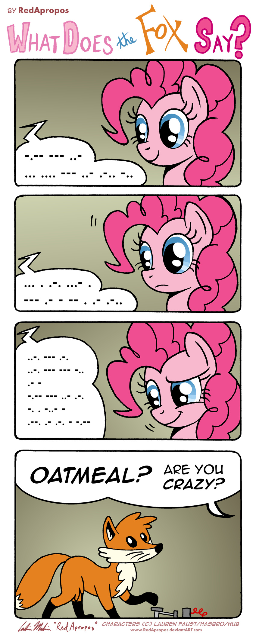 ambiguous_gender blue_eyes canine comic dialog english_text equine female feral fox friendship_is_magic hair horse mammal morse_code my_little_pony pink_hair pinkie_pie_(mlp) pony redapropos text