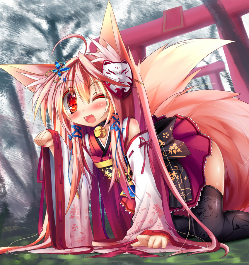 all_fours animal_ears bell blush colored_eyelashes detached_sleeves fox_ears fox_girl fox_mask fox_tail highres jingle_bell long_hair looking_at_viewer mask nagai_wataru one_eye_closed open_mouth original outdoors paw_pose red_eyes ribbon skirt smile solo tail thighhighs torii