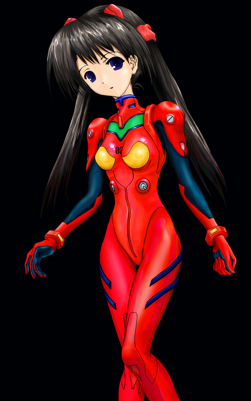 arms_at_sides bangs black_background black_hair blue_eyes bodysuit bracer breasts cosplay full_body gloves hair_tie hayasaka_tsukasa head_tilt headgear highres hips legs_together long_hair looking_at_viewer neon_genesis_evangelion number parted_lips pilot_suit plugsuit red_bodysuit simple_background skinny small_breasts solo souryuu_asuka_langley souryuu_asuka_langley_(cosplay) standing straight_hair sumadera_yukio tenshi_no_inai_12-gatsu thigh_gap turtleneck twintails