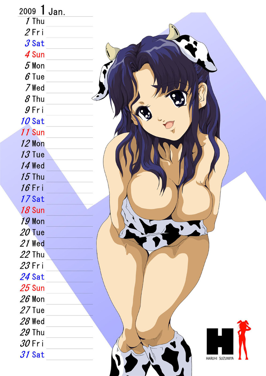 2009 animal_costume animal_print asakura_ryouko black_eyes blue_hair boots breast_hold breasts calendar_(medium) cleavage covering cow_costume cow_print elbow_gloves gloves highres january large_breasts leaning_forward leotard long_hair nanashi_noiji new_year non-web_source open_mouth solo suzumiya_haruhi_no_yuuutsu