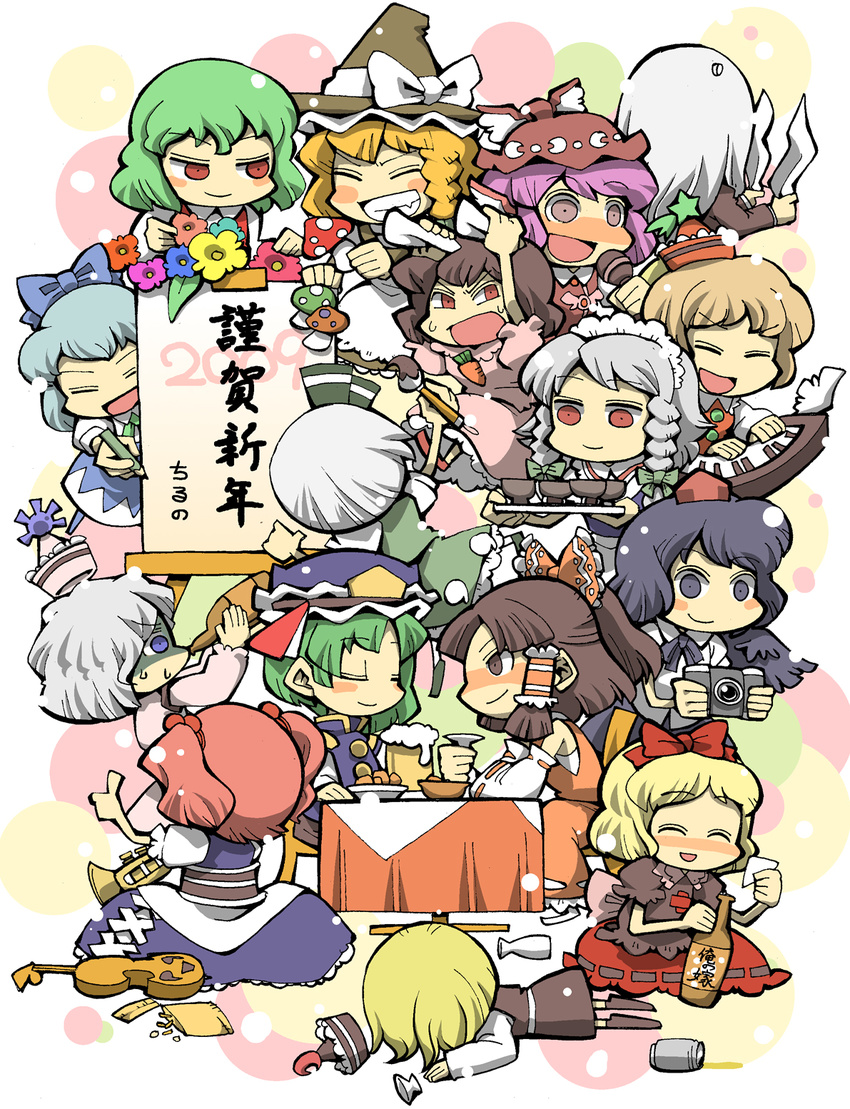 6+girls animal_ears blonde_hair blue_eyes blush brown_eyes bunny_ears camera cirno closed_eyes drinking drunk everyone flower hairband hakurei_reimu hat highres hounori inaba_tewi izayoi_sakuya kazami_yuuka kirisame_marisa konpaku_youmu long_hair lunasa_prismriver lyrica_prismriver maid medicine_melancholy merlin_prismriver multiple_girls music mystia_lorelei onozuka_komachi phantasmagoria_of_flower_view pink_eyes red_eyes reisen_udongein_inaba ribbon shameimaru_aya shiki_eiki short_hair singing tea touhou translated