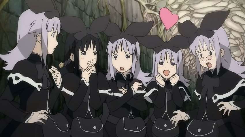 ahmey blush bow clone coopa druaga_no_tou glasses grey_hair hair_bow heart jil kaaya melt_(druaga) multiple_girls screencap surprised