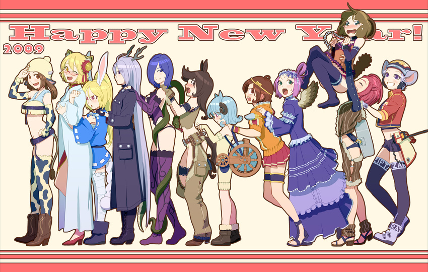 6+girls animal_ears animal_print antlers bad_id bad_pixiv_id blush bunny_ears chinese_zodiac copyright_request cow_girl cow_print dog_ears double_bun garter_belt glasses hat highres horns lineup mouse_ears multiple_girls new_year profile snake tail thighhighs wings yahako