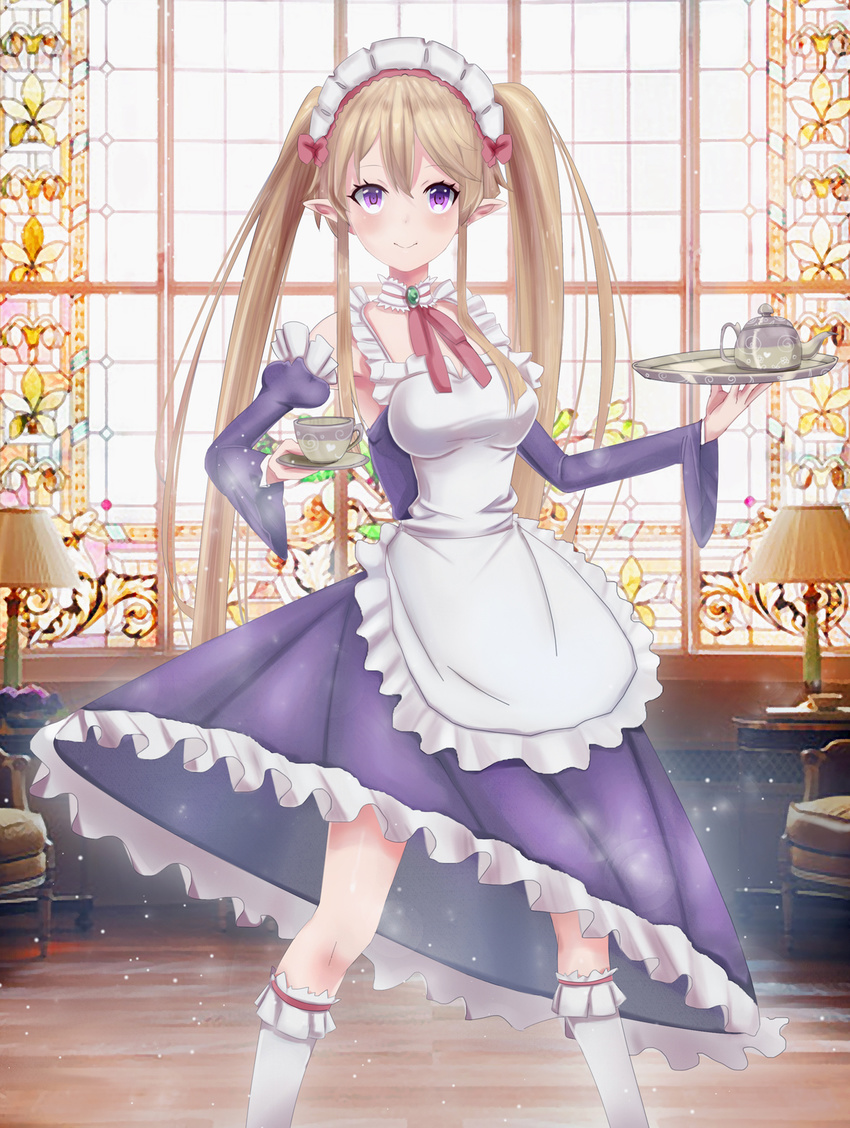 apron cup detached_sleeves elf highres itaru_chokusha jug long_hair maid myucel_foalan outbreak_company plate pointy_ears purple_eyes twintails