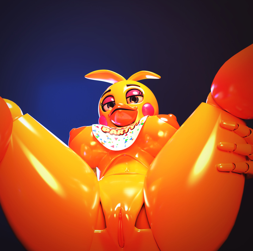 3d_(artwork) animatronic avian big_breasts bird breasts chicken digital_media_(artwork) female five_nights_at_freddy's five_nights_at_freddy's_2 looking_at_viewer machine nipples pussy robot runabo shiny solo spread_legs spreading thick_thighs toy_chica_(fnaf) video_games