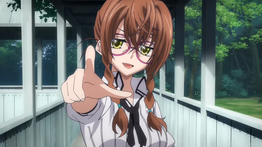 artist_request braid brown_hair glasses high_school_dxd jitome kiryuu_aika long_hair looking_at_viewer neckerchief open_mouth pink-framed_eyewear pointing pointing_at_viewer school_uniform smile solo source_request tree twin_braids uniform upper_body yellow_eyes