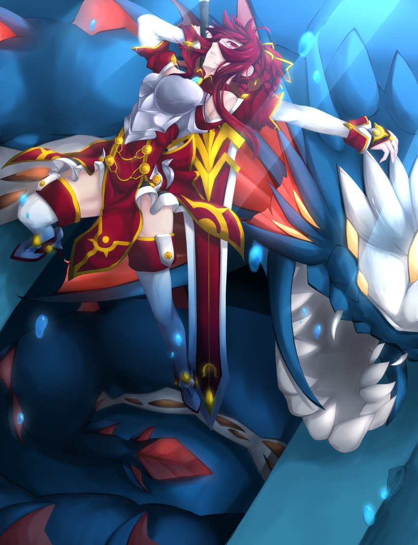 absurdres elesis_(elsword) elsword fi-san highres long_hair red_eyes red_hair saber_knight_(elsword) solo sword thighhighs weapon