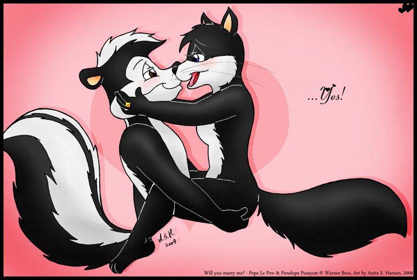 black_fur blue_eyes blush breasts brown_eyes cat couple duo feline female fur interspecies looney_tunes mammal nude penelope_pussycat pep&#233;_le_pew pep&eacute;_le_pew sinatzeek skunk smile warner_brothers