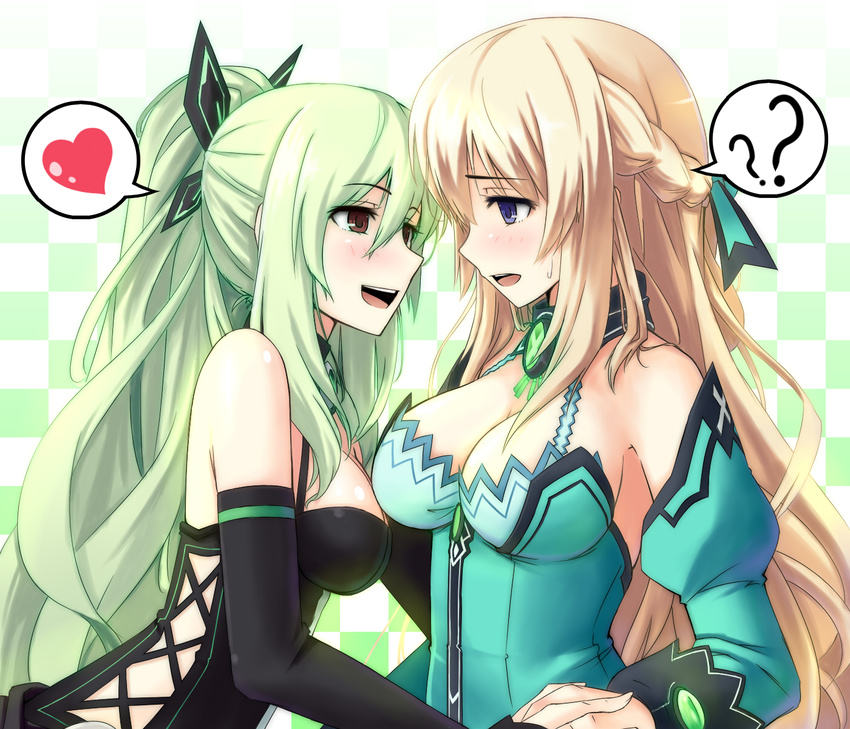 :d ? blonde_hair blue_eyes breasts brown_eyes cleavage eye_contact gayprince green_hair hair_ornament hakozaki_chika half_updo heart highres large_breasts long_hair looking_at_another multiple_girls neptune_(series) open_mouth smile speech_bubble spoken_heart vert yuri