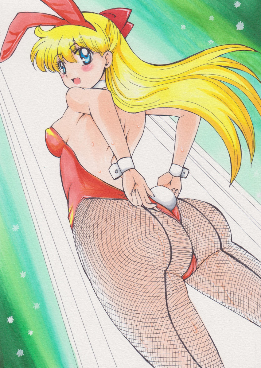 absurdres aino_minako animal_ears ass back-seamed_legwear bad_id bad_pixiv_id bishoujo_senshi_sailor_moon blonde_hair blue_eyes breasts bunny_ears bunny_tail bunnysuit covered_nipples detached_collar fake_animal_ears fishnet_pantyhose fishnets from_behind from_below hair_ribbon highres leotard long_hair medium_breasts pantyhose rascal_(n119) red_leotard ribbon seamed_legwear solo spotlight sweat tail wrist_cuffs