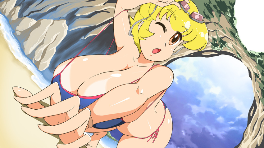 1girl all_fours bikini blonde_hair breasts brown_eyes female freakyplanet goggles huge_breasts ocean open_mouth original outdoors short_hair solo summer swimsuit tan tanline wink