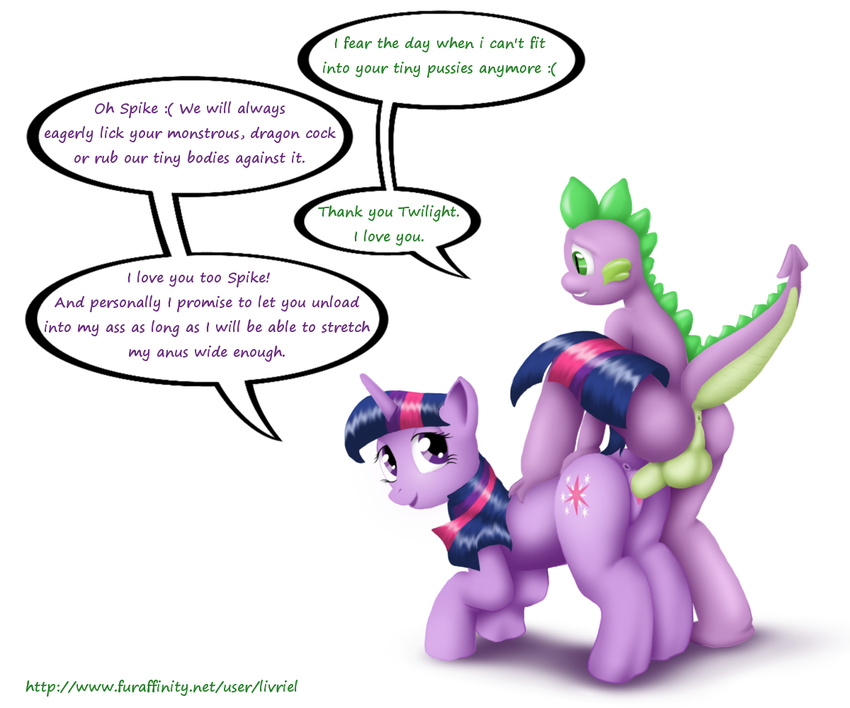 balls cutie_mark dialog dragon english_text equine female feral friendship_is_magic from_behind fur green_eyes hair horn horse interspecies livriel looking_back male mammal multi-colored_hair my_little_pony penetration penis plain_background pony purple_eyes purple_fur purple_scales raised_tail sex slit_pupils spike_(mlp) spines straight text twilight_sparkle_(mlp) unicorn vaginal vaginal_penetration white_background