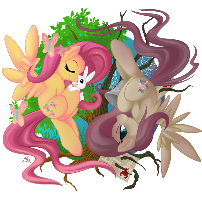 alpha_channel angel_(mlp) arthropod blue_eyes bucket butterfly cobwebs cutie_mark duo equine eyes_closed falleninthedark female feral fluttershy_(mlp) friendship_is_magic good_and_evil hair horse hug insect lagomorph leaflet leaves looking_at_viewer mammal my_little_pony paper pegasus pink_hair pony rabbit smile tree wings