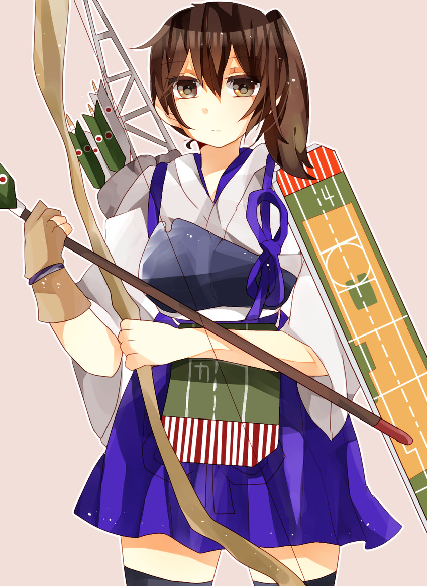 bad_id bad_pixiv_id brown_eyes brown_hair highres japanese_clothes kaga_(kantai_collection) kantai_collection long_hair mipe_(r_kkk12) muneate pleated_skirt side_ponytail skirt solo