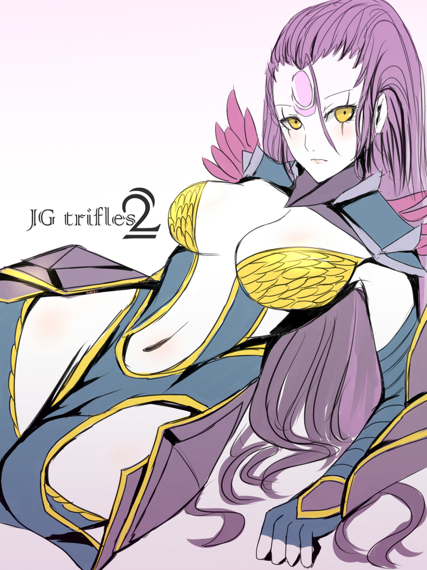 armor blush breasts cover cover_page diana_(league_of_legends) doujin_cover facial_mark faulds forehead_mark highres kumiko_shiba large_breasts league_of_legends long_hair navel pauldrons purple_hair reclining solo white_skin yellow_eyes