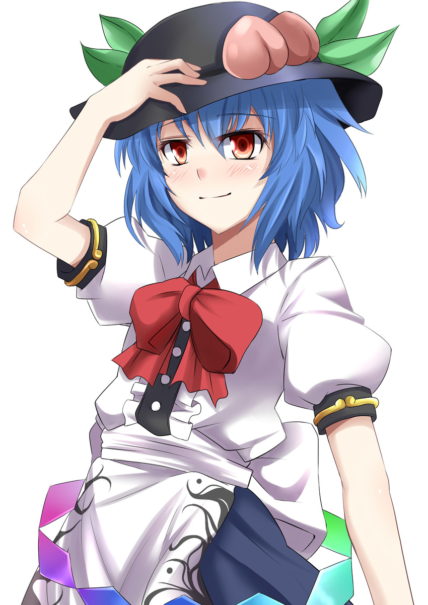 adjusting_clothes adjusting_hat alternate_hair_length alternate_hairstyle black_hat blue_hair blush bow bowtie e.o. food fruit hand_on_headwear hat highres hinanawi_tenshi leaf peach puffy_short_sleeves puffy_sleeves red_bow red_eyes red_neckwear short_hair short_sleeves simple_background smile solo touhou white_background