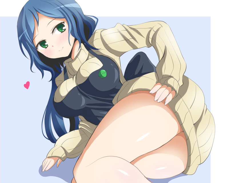 apron blue_background blue_hair breasts deego_(omochi_bazooka) green_eyes gundam gundam_build_fighters haro_button_badge iori_rinko large_breasts long_hair lying mature on_side ribbed_sweater simple_background solo sweater thighs turtleneck very_long_hair