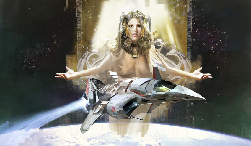 alien blonde_hair breasts commentary condensation_trail crown daniel_oduber earth epic gaia_(mother_earth) gaiares game_console goddess headgear highres jewelry lips long_hair looking_at_viewer medium_breasts nude planet queen queen_of_leezaluth realistic science_fiction sega_mega_drive space space_craft star_(sky) starfighter very_long_hair