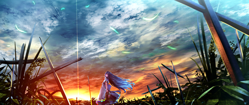 blue_hair cloud cloudy_sky dress food fruit grass hat hat_removed headwear_removed highres hinanawi_tenshi long_hair peach puffy_sleeves ryosios scenery short_sleeves sky solo sword_of_hisou touhou very_long_hair white_dress