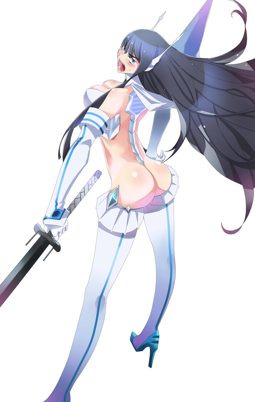 absurdres armor ass bakuzan bare_shoulders black_hair blue_eyes blush boots breasts cleavage from_behind hand_on_hip high_heels highres junketsu katana kill_la_kill kiryuuin_satsuki large_breasts long_hair looking_back ohland revealing_clothes shouting spikes sword thigh_boots thighhighs thong weapon