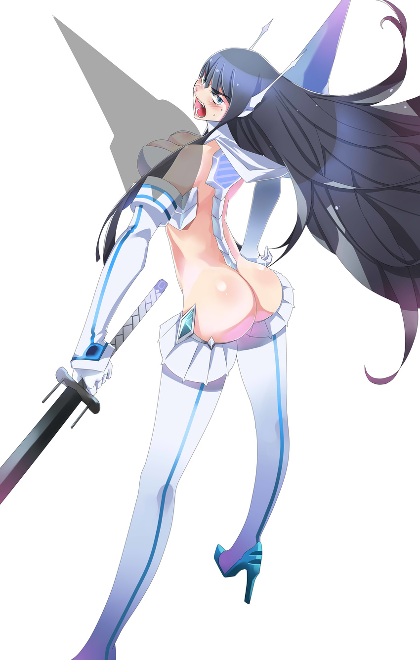 absurdres armor ass bakuzan bare_shoulders black_hair blue_eyes blush boots breasts cleavage from_behind hand_on_hip high_heels highres junketsu katana kill_la_kill kiryuuin_satsuki large_breasts long_hair looking_back ohland revealing_clothes shadow shouting spikes sword thigh_boots thighhighs thong weapon