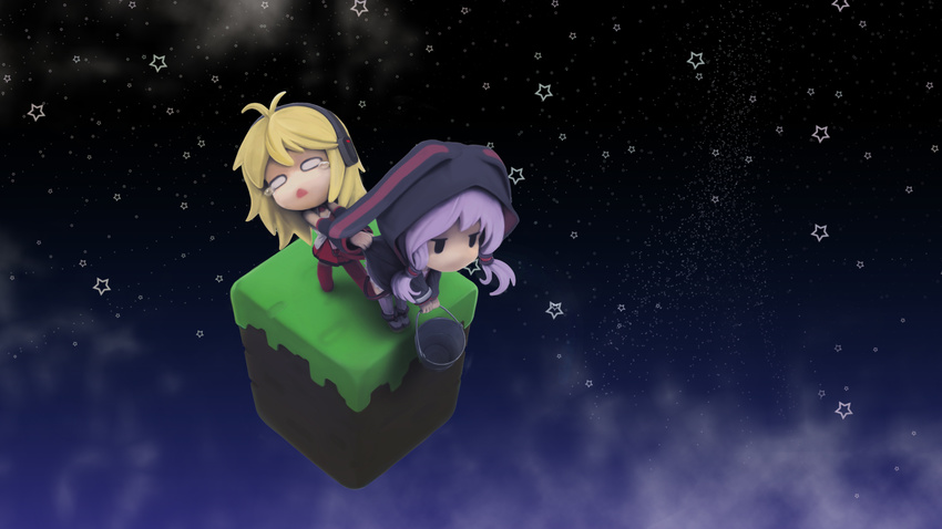 blonde_hair chibi long_hair minecraft nekoita night purple_hair sky tsurumaki_maki vocaloid voiceroid yuzuki_yukari