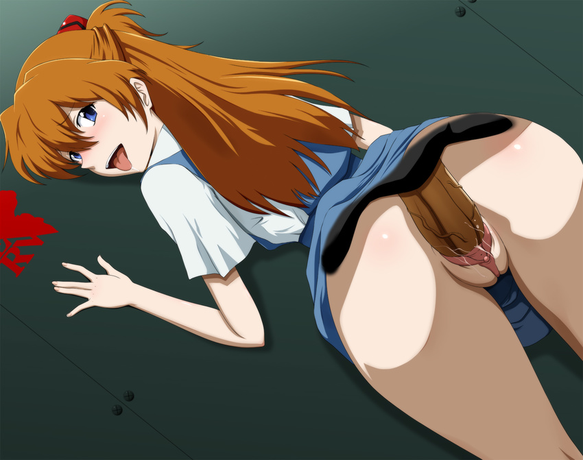 1girl against_wall ass blue_eyes blush brown_hair circle_anco clitoris clothed_sex from_behind highres legs long_hair looking_back neon_genesis_evangelion no_panties open_mouth penis pussy school_uniform sex skirt skirt_lift smile soryu_asuka_langley thighs tongue tongue_out uncensored vaginal