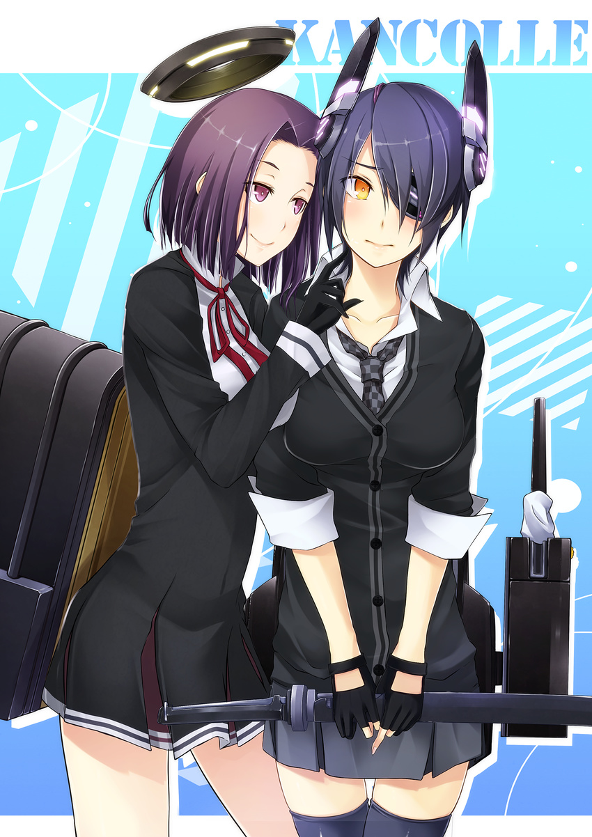 aki_ii blush checkered checkered_neckwear collarbone copyright_name eyepatch fingerless_gloves gloves headgear highres kantai_collection looking_away mecha_musume mechanical_halo multiple_girls necktie partly_fingerless_gloves purple_eyes purple_hair ribbon school_uniform short_hair smile sword tatsuta_(kantai_collection) tenryuu_(kantai_collection) thighhighs turret weapon yellow_eyes