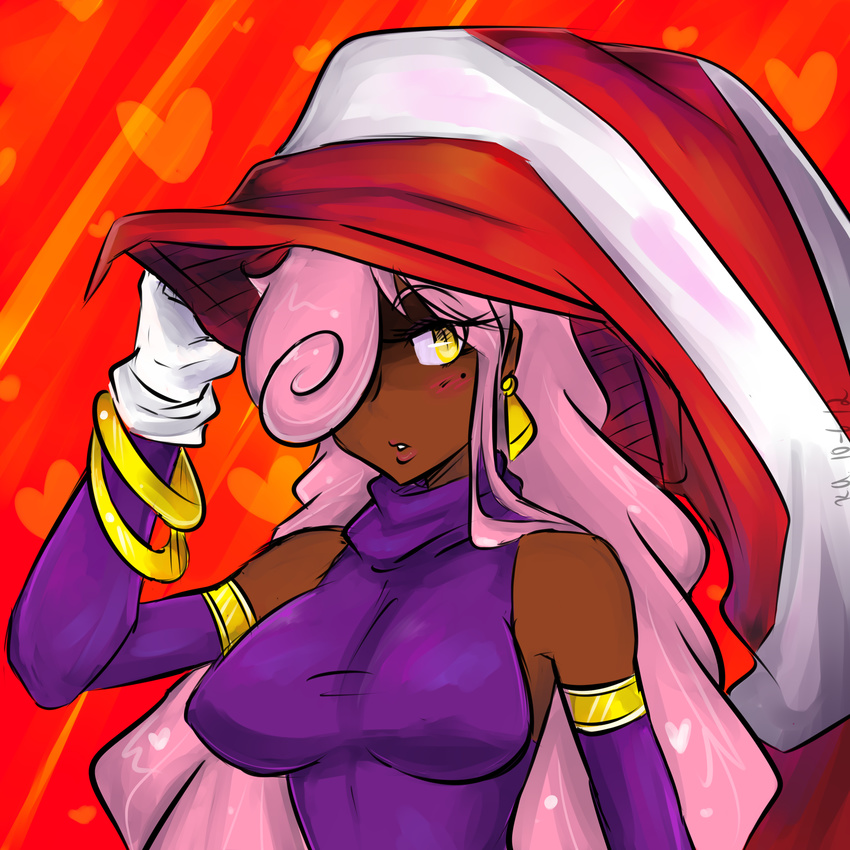 absurdres blush bracelet breasts bust curly_hair dark_skin date dated earrings eyeshadow female genderswap gloves hat highres jewelry lips lipstick long_hair looking_at_viewer makeup mole nintendo one_eye_covered paper_mario parted_lips solo striped stripes super_mario_bros. upper_body vivian witch_hat yellow_eyes yellow_kirby
