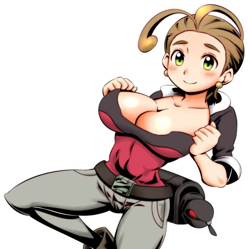 belt boots breasts brown_hair cleavage collarbone earrings green_eyes highres huge_breasts jewelry large_breasts nintendo open_clothes pansy_(pokemon) poke_ball pokemon pokemon_(game) pokemon_xy reporter short_hair smile undressing viola_(pokemon)