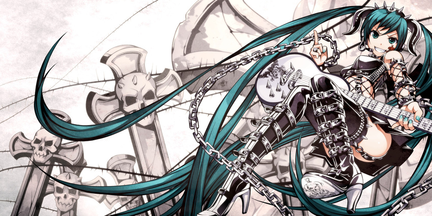 absurdly_long_hair aqua_eyes aqua_hair bare_shoulders boots chain collar detached_sleeves dominatrix electric_guitar facial_tattoo garter_straps grin guitar hatsune_miku headset high_heels highres horns instrument jewelry leather long_hair looking_at_viewer nail_polish ring shoes skirt smile solo spike tattoo thigh_boots thighhighs torigoe_takumi twintails very_long_hair vocaloid
