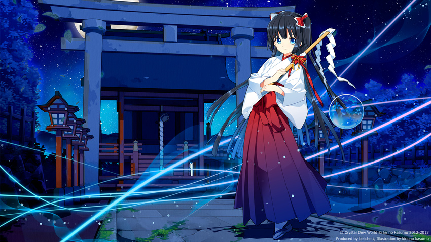 1girl black_hair blue_eyes highres japanese_clothes kirino_kasumu miko night suishou_shizuku