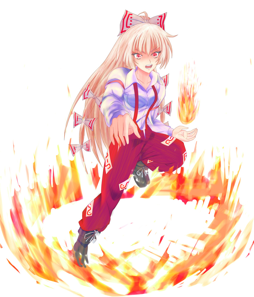 absurdres bad_id bad_pixiv_id boots bow fire fujiwara_no_mokou full_body hair_bow hair_ribbon highres long_hair pants red_eyes ribbon silver_hair simple_background solo suspenders touhou very_long_hair wendell white_background