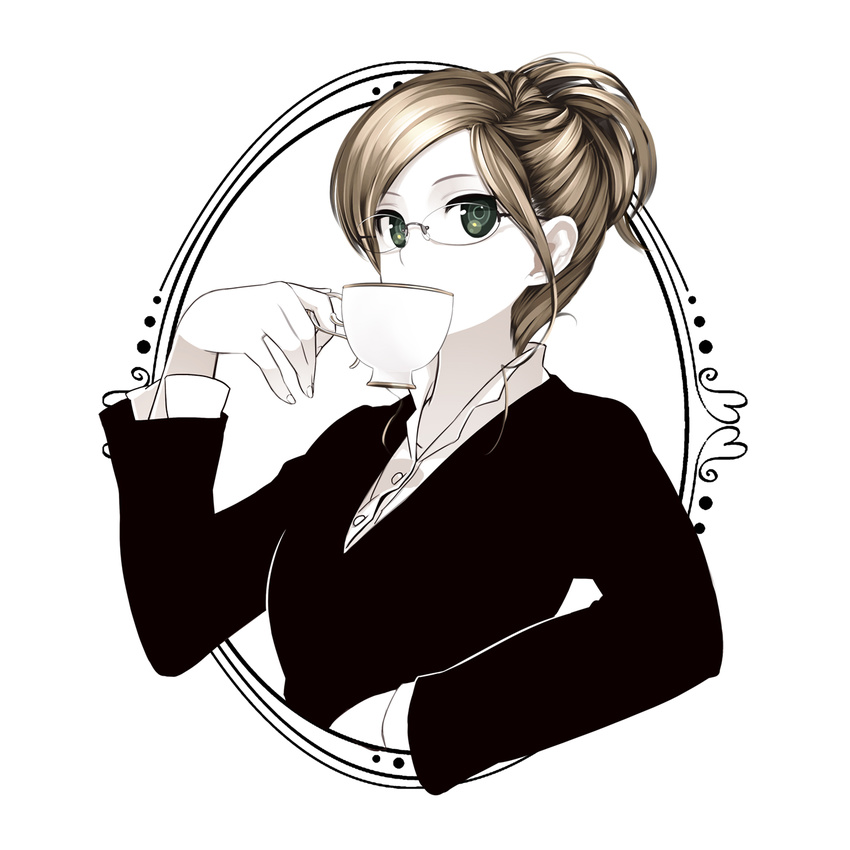 blonde_hair business_suit commentary cup dress_shirt english_commentary formal frame glasses green_eyes hair_bun highres holding holding_cup looking_at_viewer monochrome original poaro rimless_eyewear round_image shirt sipping solo spot_color suit teacup white_background white_skin