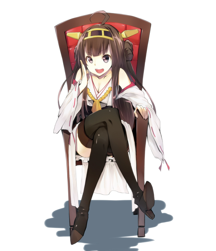ahoge bare_shoulders boots brown_hair crossed_legs detached_sleeves double_bun full_body hair_ornament hairband headgear highres japanese_clothes kantai_collection kongou_(kantai_collection) long_hair looking_at_viewer purple_eyes sitting skirt solo thigh_boots thighhighs white_background wide_sleeves ytk_(yutta-p)